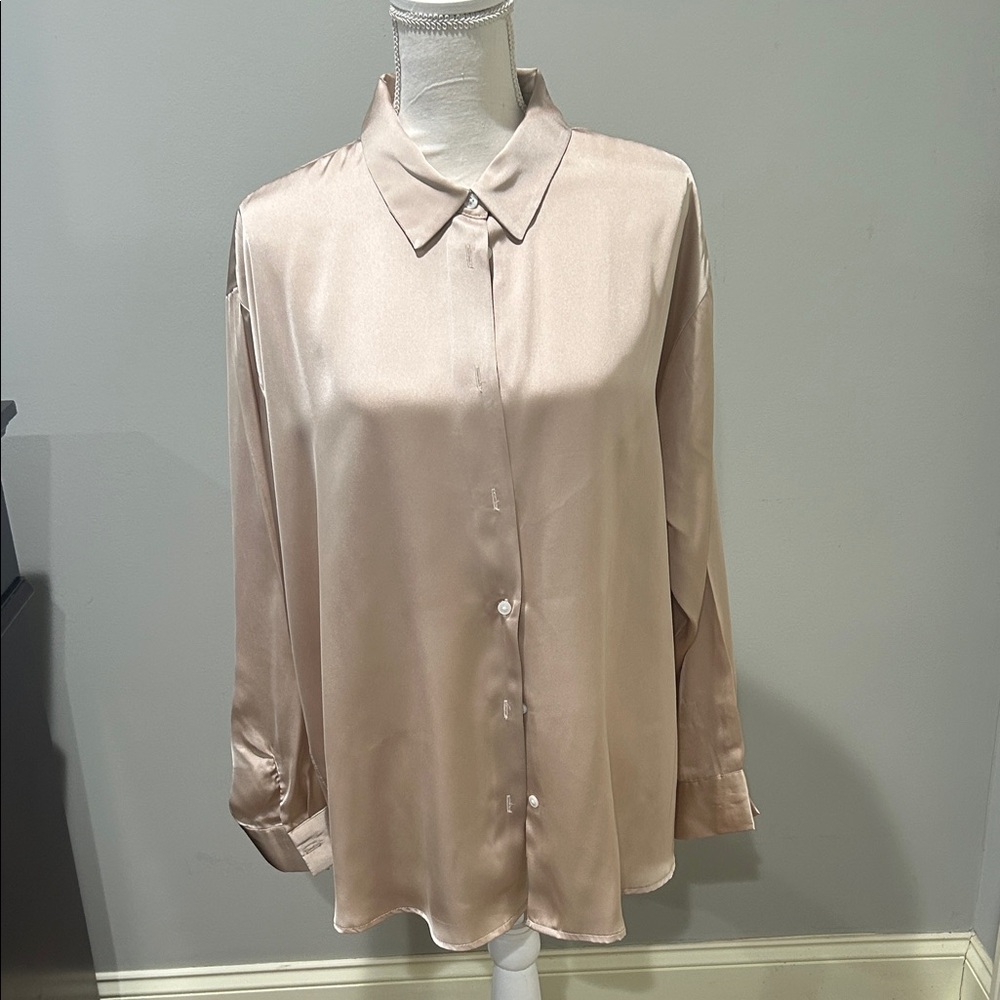 Time and Tru Satin Button Down Shirt in Tan